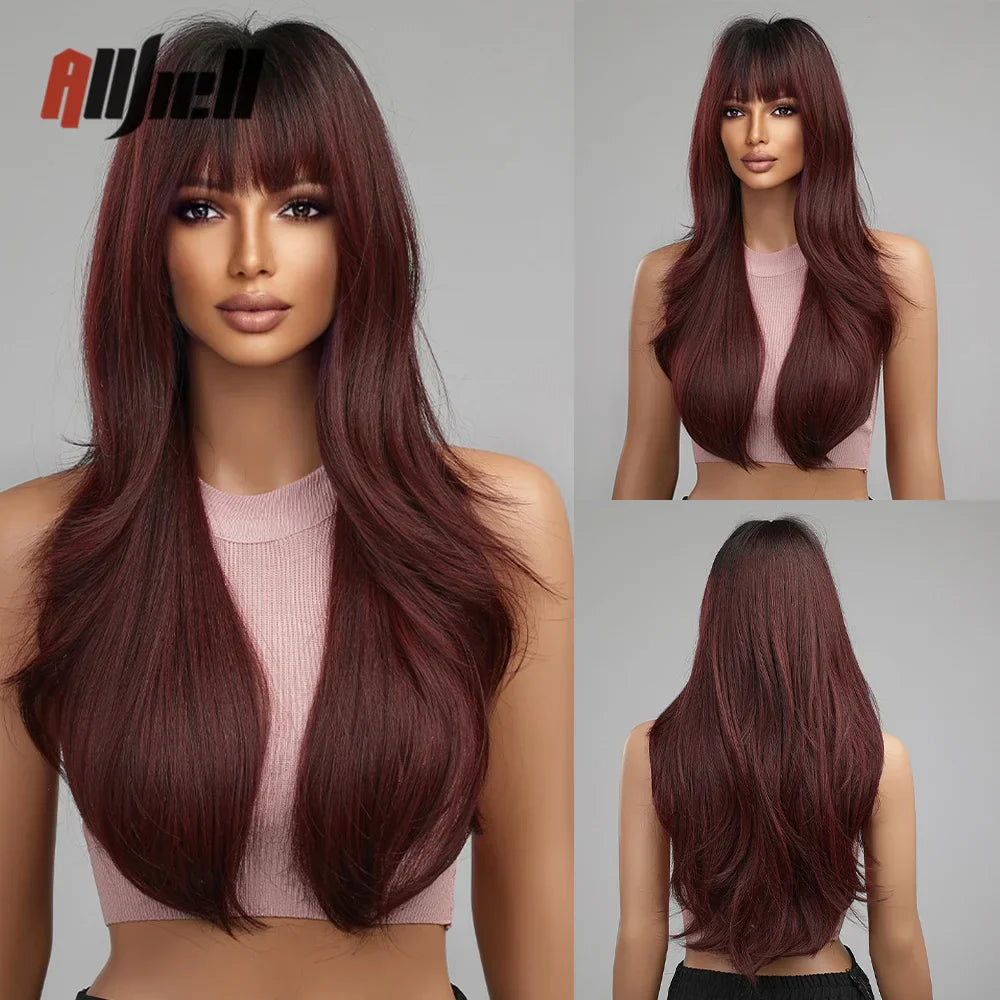 Copper Ginger Brown Wigs with Bangs Natural Synthetic