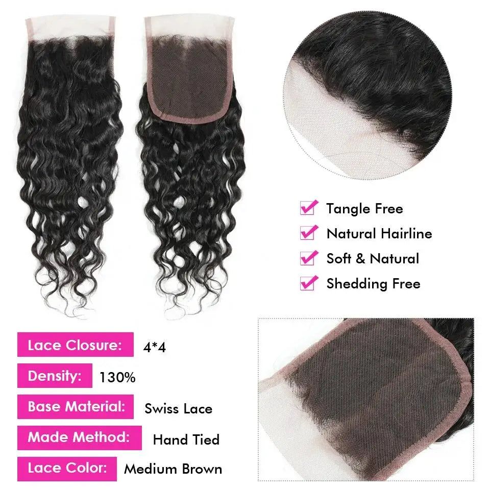 Water Wave Human Hair Bundles With 4x4 Lace