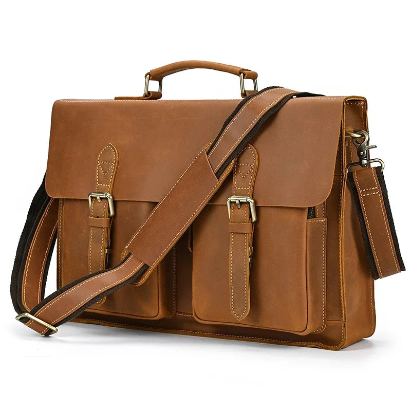 15.6" Genuine Leather Laptop Bag for Men - Cowhide Briefcase & Messenger Tote