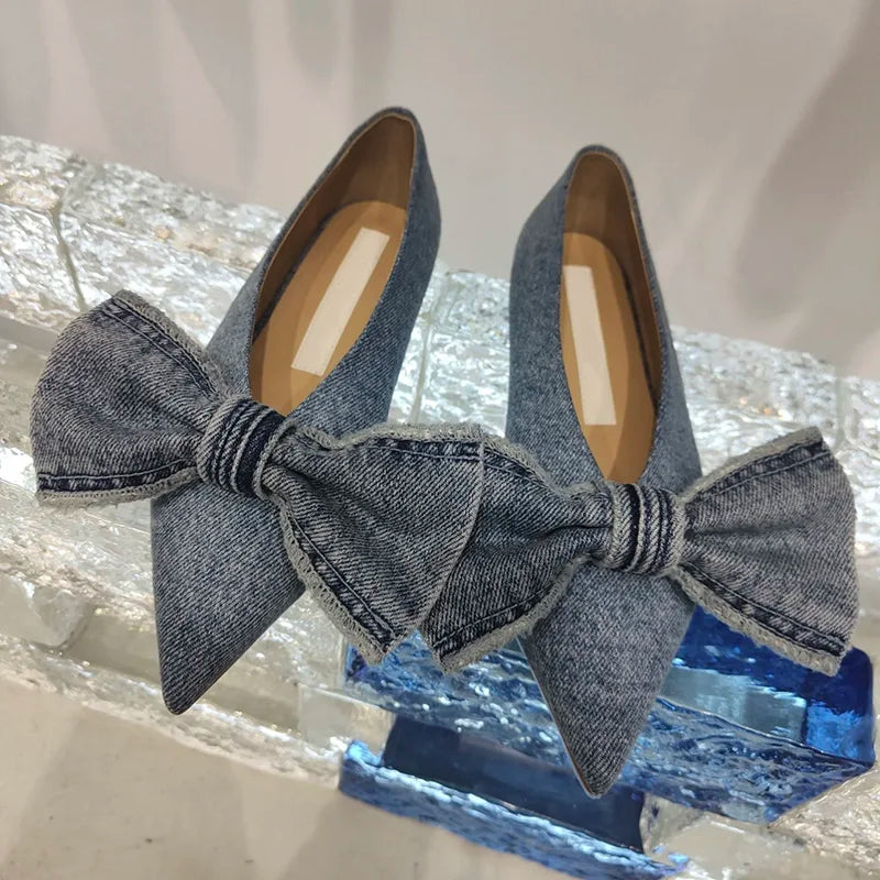 2023 New Designer Blue jeans bow flat shoes