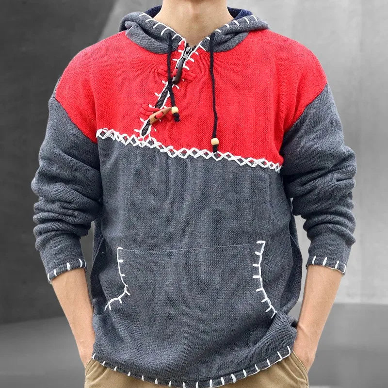 Winter Clothing Men's Patchwork Knitted Hooded Pullover Sweater