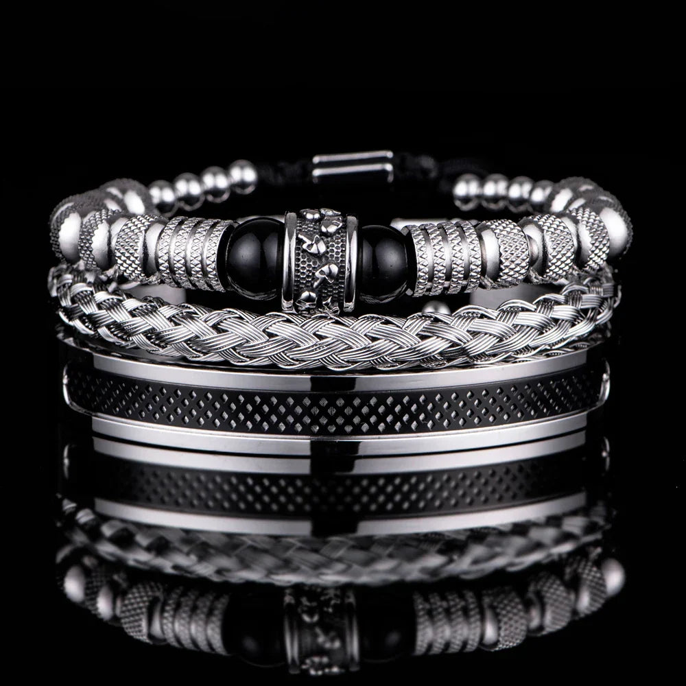 3pcs Set Men Bracelet Stainless Steel Handmade Rope