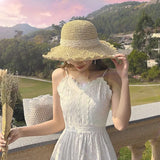 Wide Brim Straw Hat Foldable Big Lace Bow