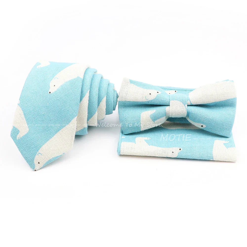 Men Linen Plant Ainmal Ties Set Pocket Handkerchief