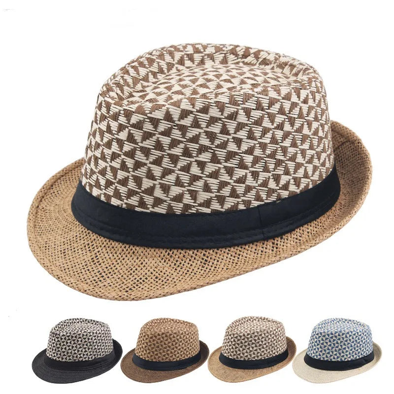 Stitching Color Geometry Shade Men Straw Hat Spring