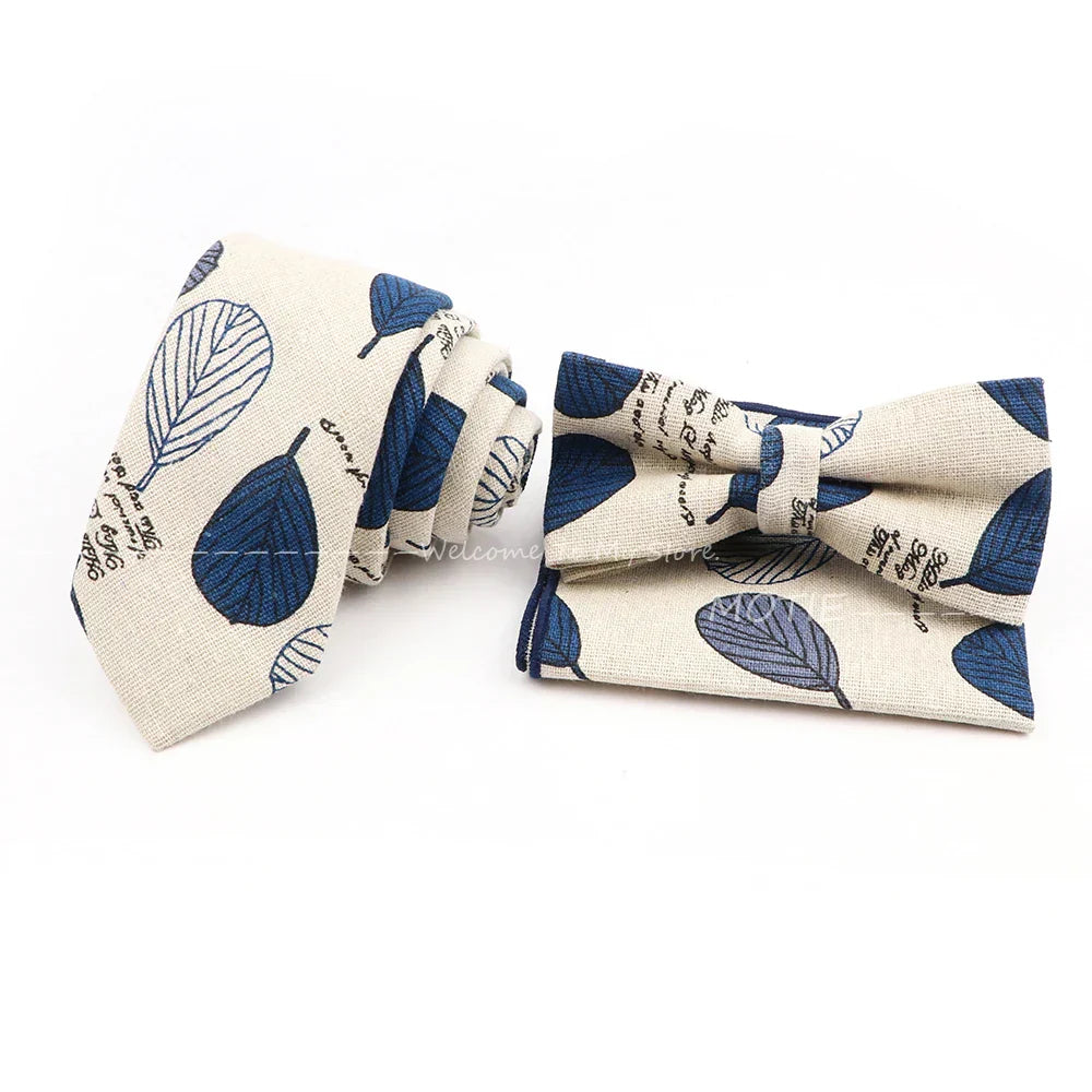 Men Linen Plant Ainmal Ties Set Pocket Handkerchief