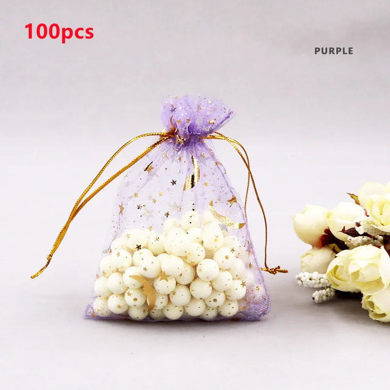 100pcs Moon Star Organza Drawstring Gift Bags 7x9cm Jewelry Packaging Pouches