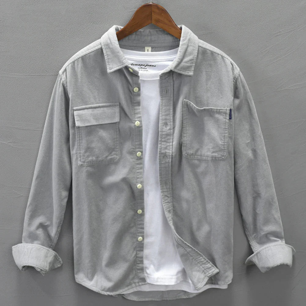 Stylish Men's Corduroy Cargo Shirts Long Sleeve Lapel