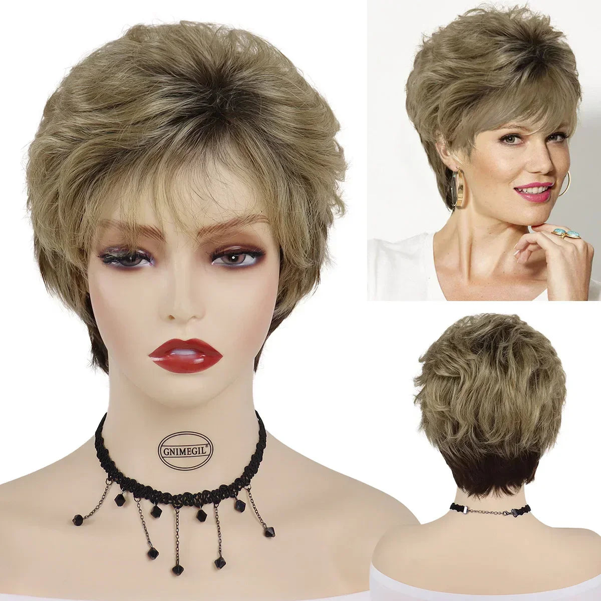 GNIMEGIL Synthetic Short Pixie Cut Wig Women Natural