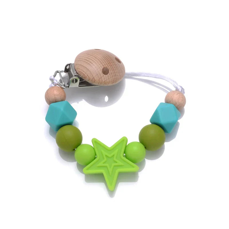 Baby Pentagram Silicone Beads Pacifier Chain Wooden Teether