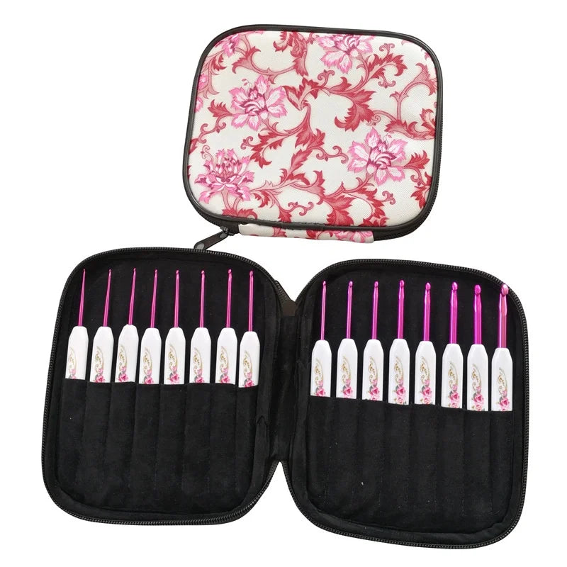 16Pcs Aluminum Crochet Hook Kit Printing Storage Bag
