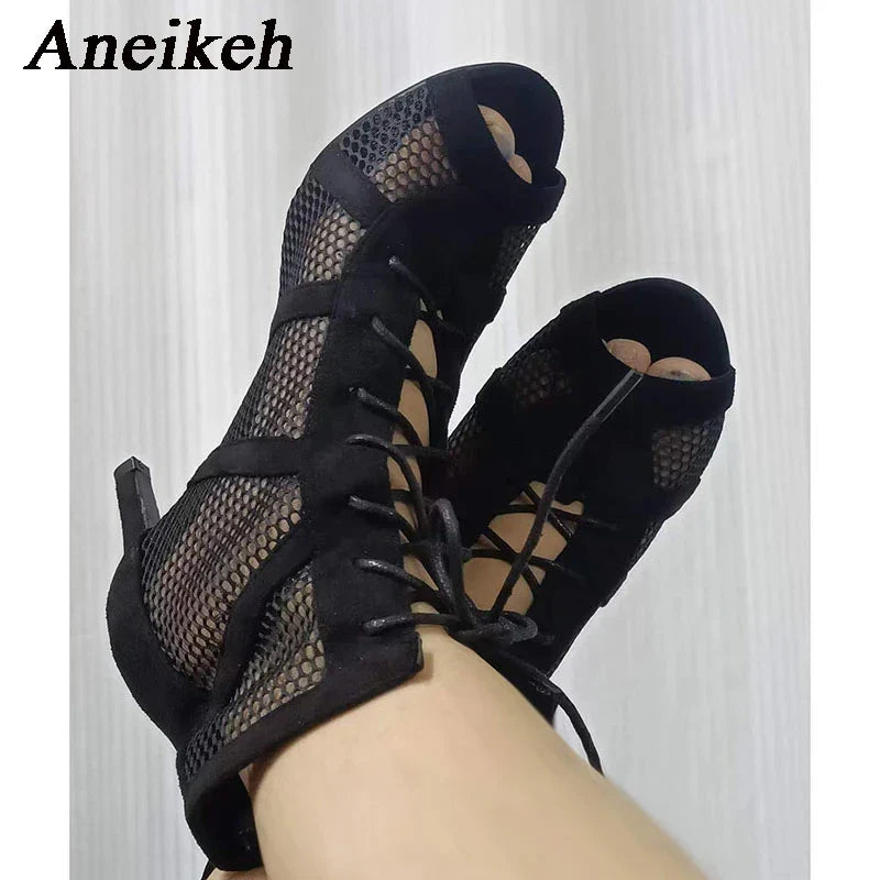 Aneikeh 7CM Middle Heel Dance Hollow Out Ankle