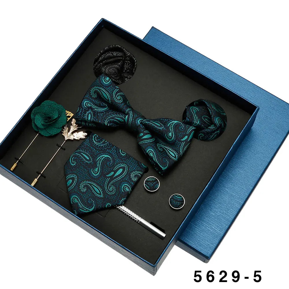 Black Mens Neck Tie Gift Set Bowtie Pocket