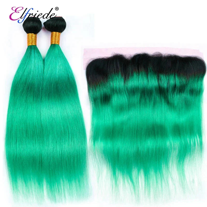 Elfriede 1BLight Green Straight Ombre Colored Hair Bundles