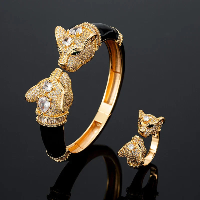 Ms High Quality Jet Leopard Animal Fashion Bangle Wtih Ring Women‘s Bridal Jewelry set Fine AAA Cubic Zirconia Bangle Bracelet