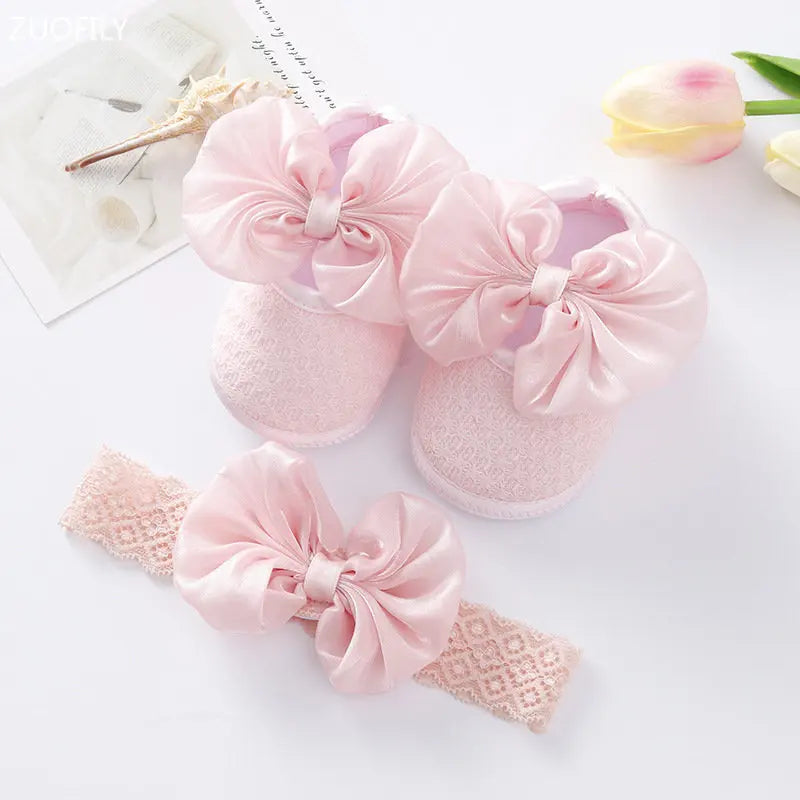 0~18M Cute Bowknot Newborn Baby Shoes Headband Set