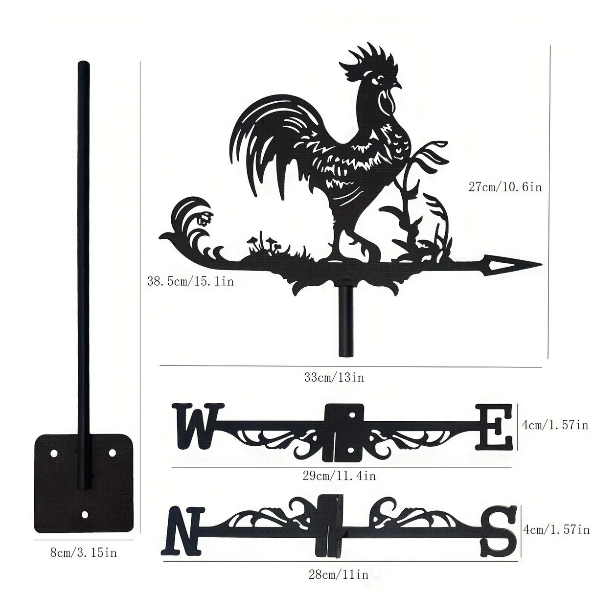 1pc Rooster Cock Weathervane Silhouette Art Black Metal