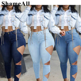 Plus Size Street Asymmetrical Cut Hole Stretchy Skinny