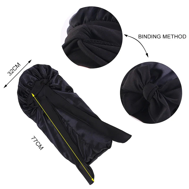 Women Satin Bonnets Adjustable Long Barrel Nightcap Solid