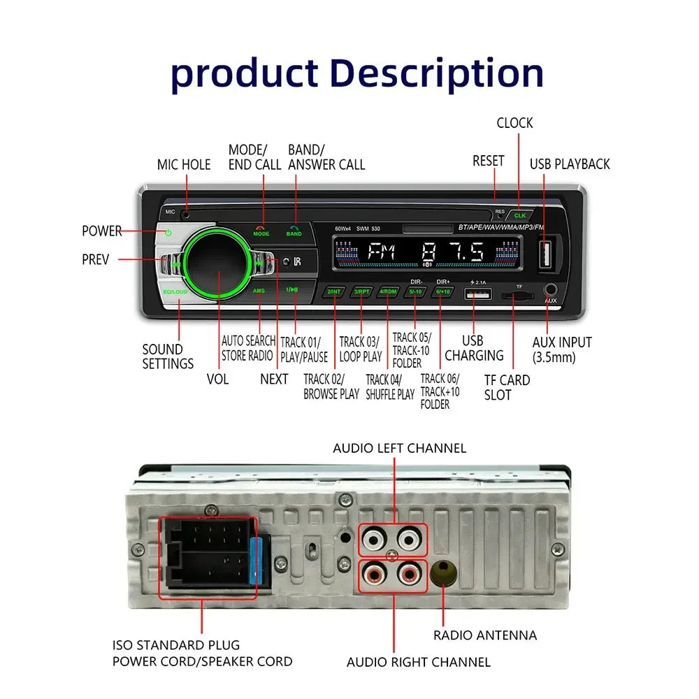 60W Bluetooth MP3 Player for Car - USB/TF/FM Radio