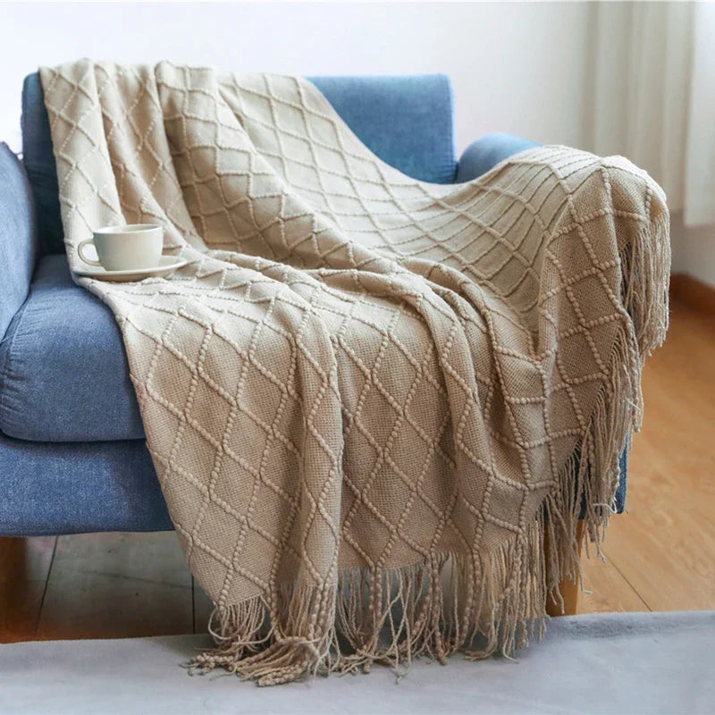 Boho Woven Throw Blanket with Tassels Jacquard Textured Boho Summer Cozy Farmhouse Throw Blankets Manta Para Sofá Yellow Khaki