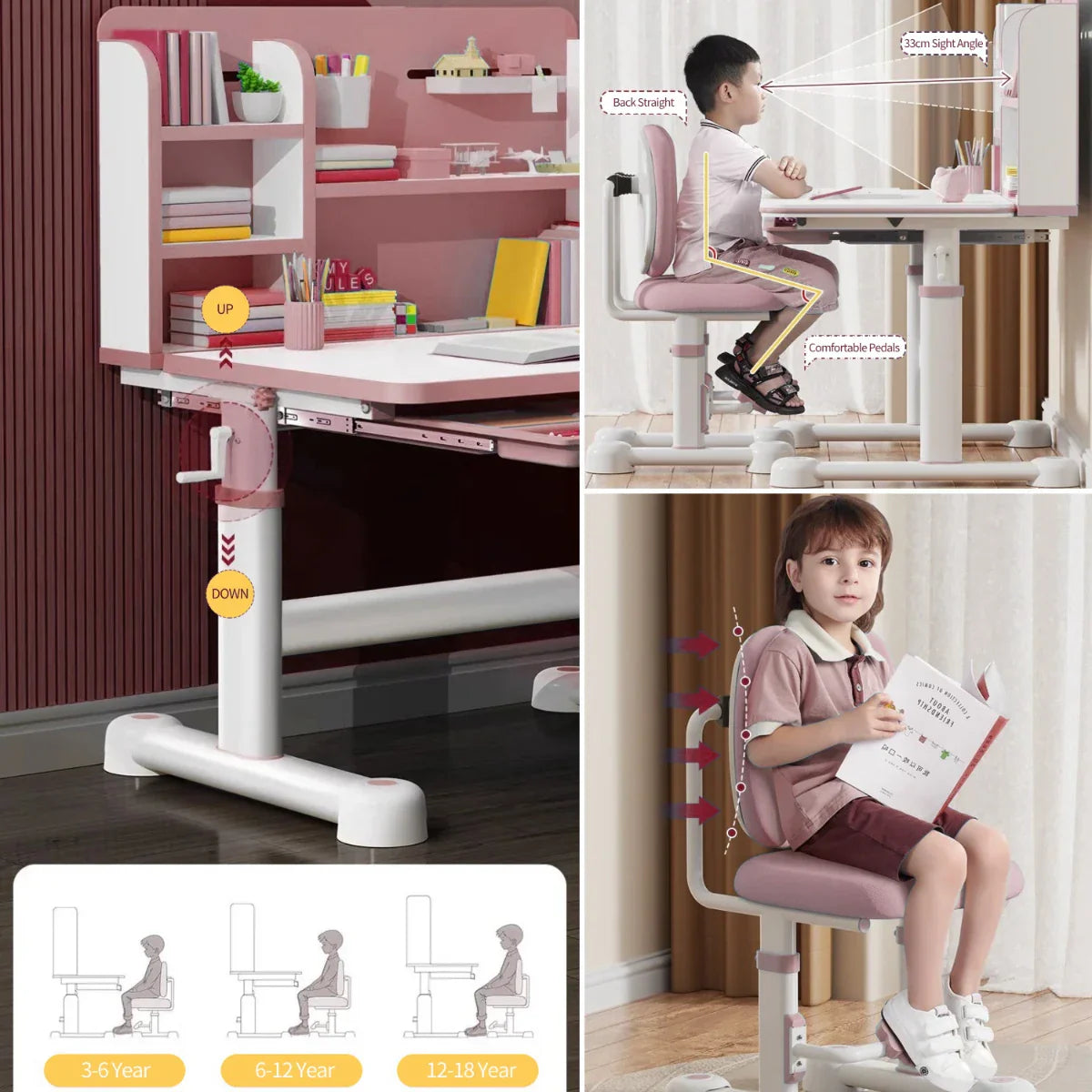 Kids Study Desk and Chair Set, Height Adjustable