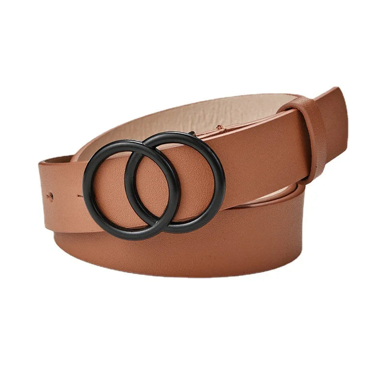Hot Fashion Double Circle Black Buckle Pu Belt Leisure Decorative Jeans Belt Ladies Solid Color Thin Belt Women’s OO Belts