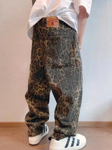 HOUZHOU Tan Leopard Jeans Men Denim Pants Male