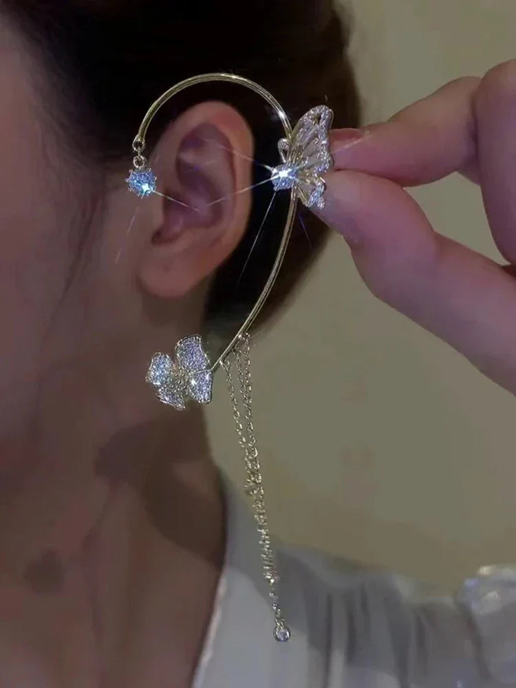 Fashion Sparkling Long Tassel Crystal Stars Ear Clip