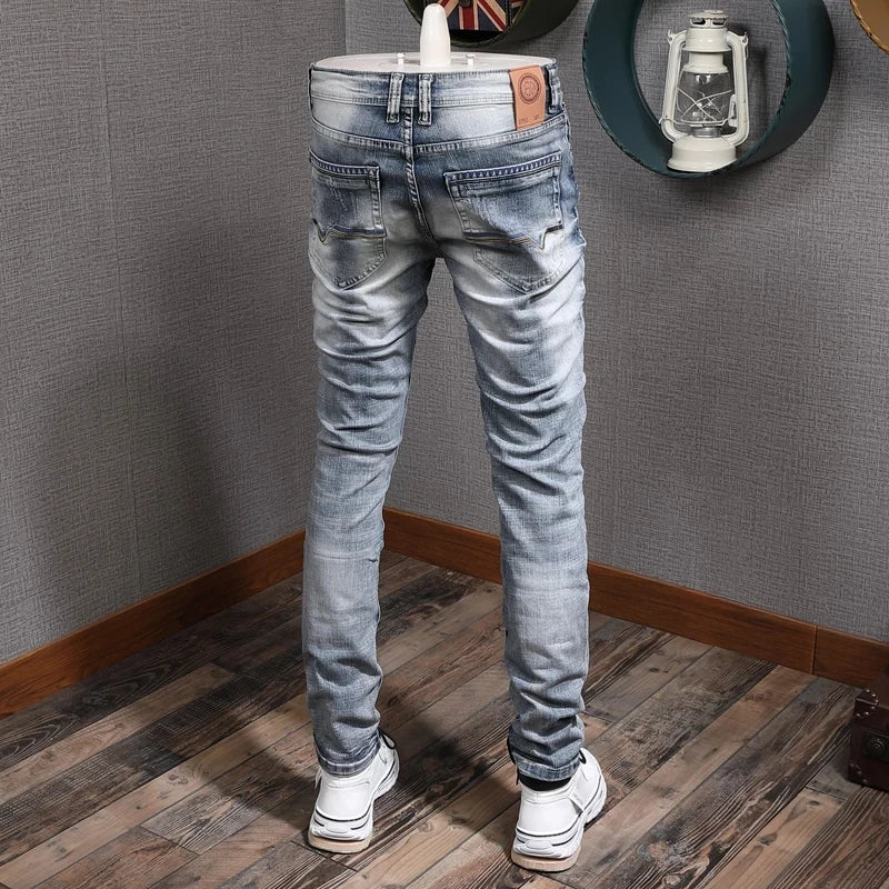 Fashion Designer Men Jeans Retro Light Blue Stretch