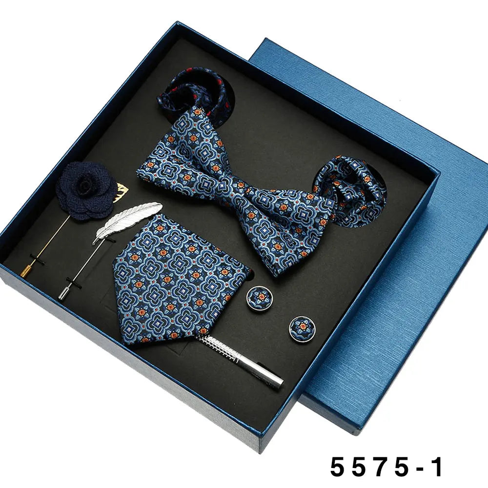 Black Mens Neck Tie Gift Set Bowtie Pocket