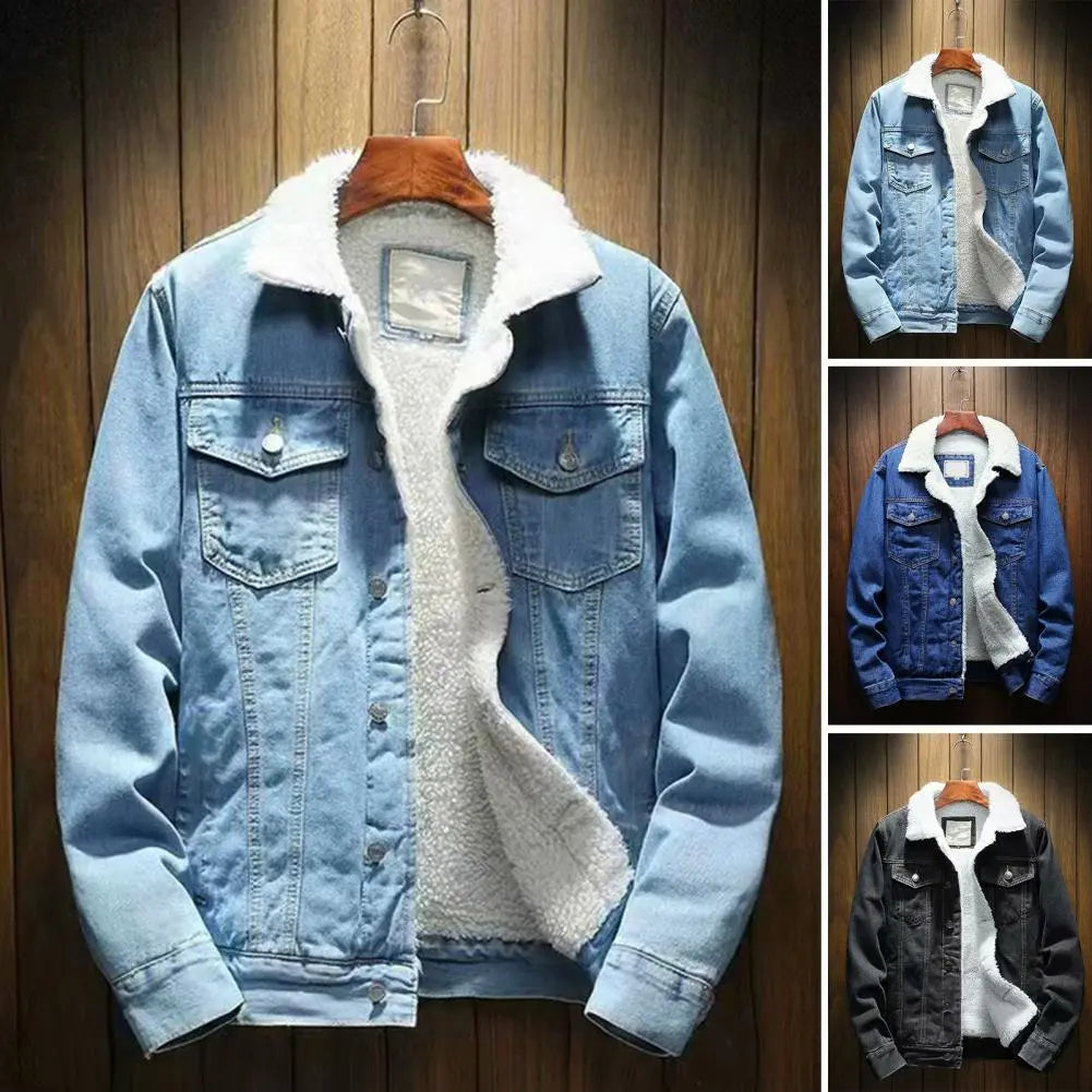 Men Jean Jacket Thicken Lamb Cashmere Lining Solid