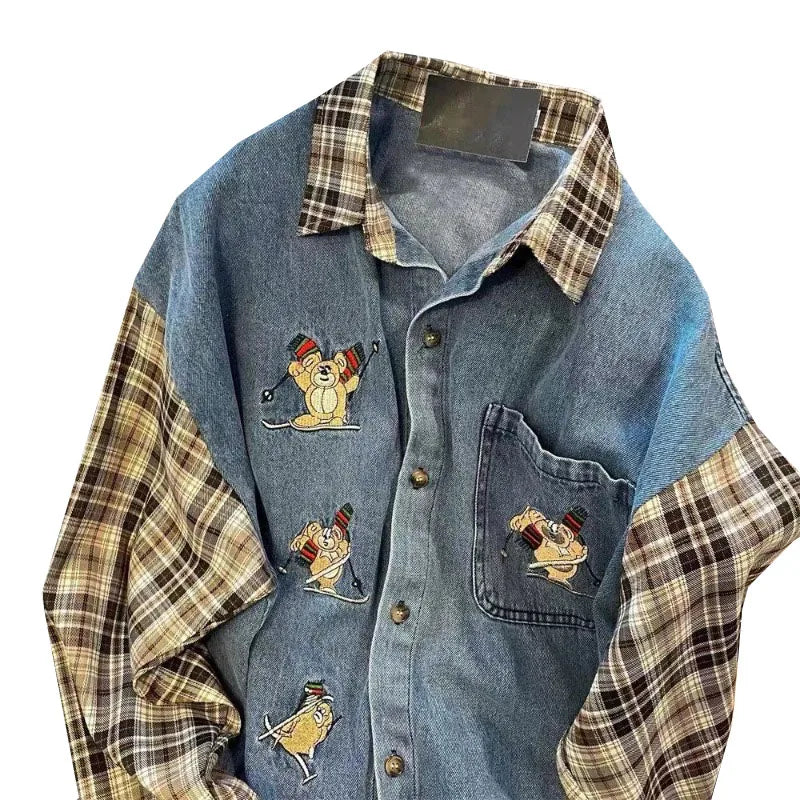 Men's Plaid Stitching Denim Shirt Women's Autumn New