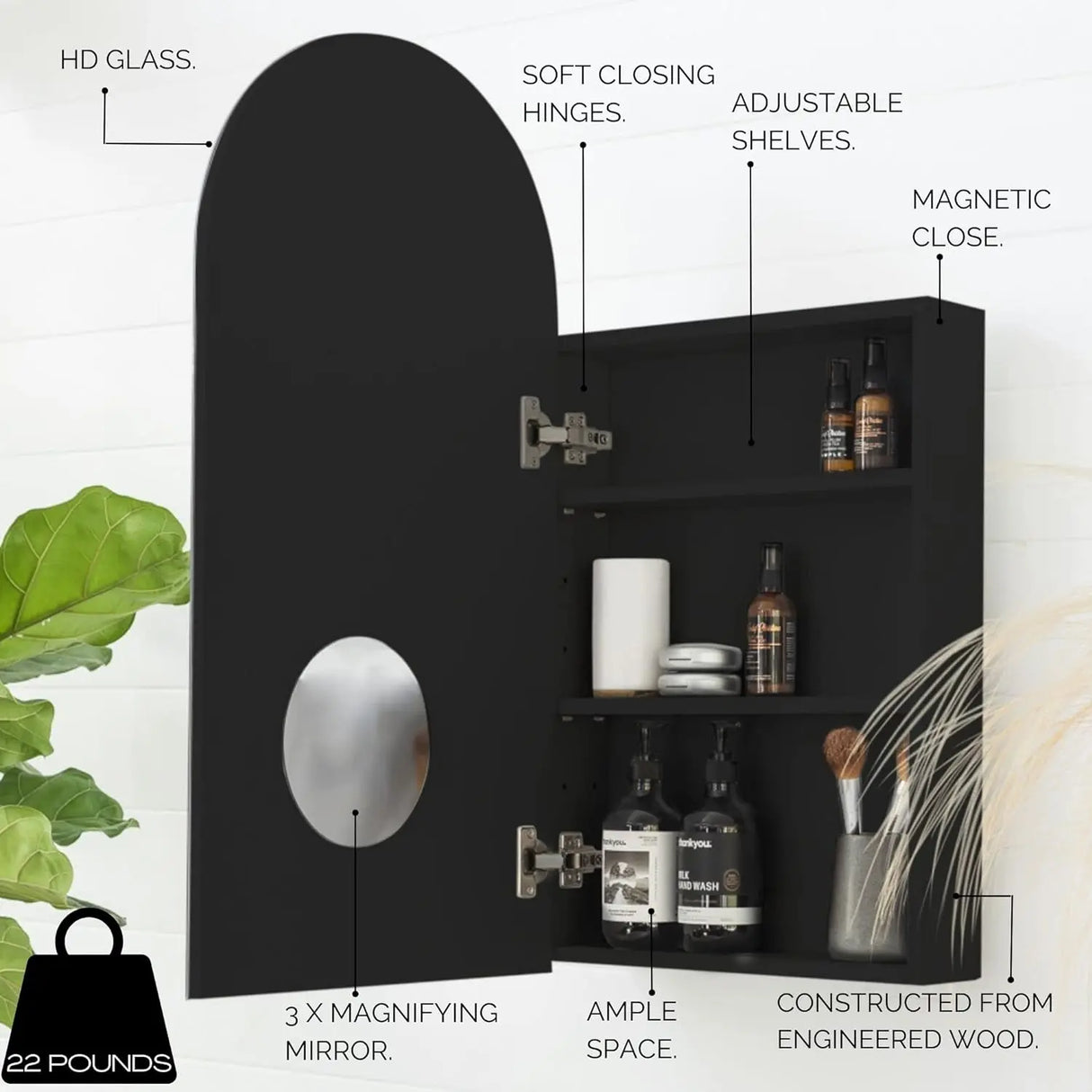 Arched Black Medicine Cabinet With Mirror, Recessed Or