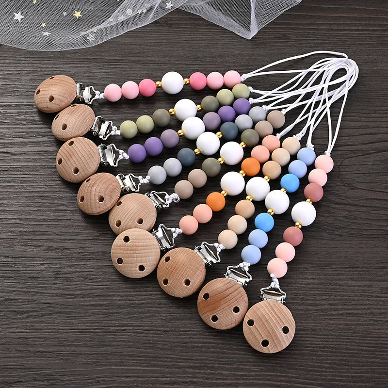 Baby Wooden Pacifier Clips Round Silicone Teether Beads