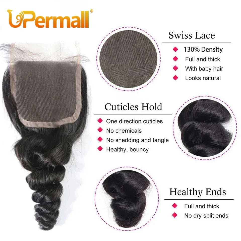 Upermall 3/4 Loose Wave Bundles with Closure Brazilian