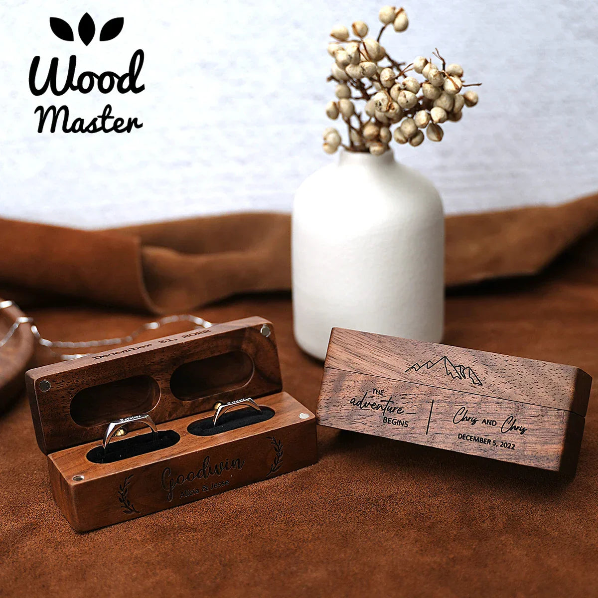 Walnut Wooden Ring Box diamond Pendant Neckl ace