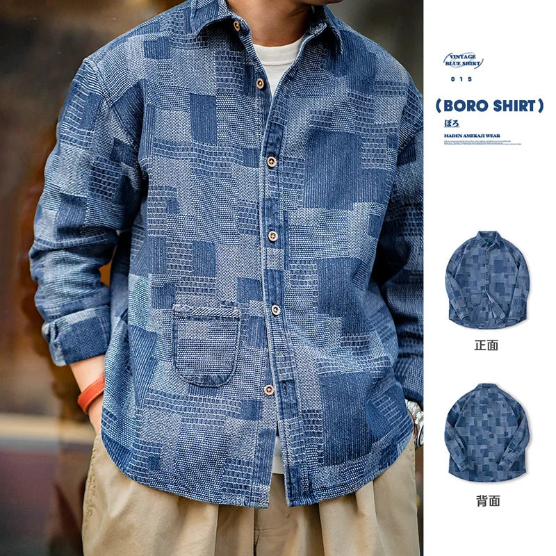 Maden Japanese Retro Boro Denim Shirts for Men