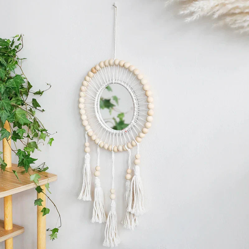 Macrame Wall Mirror Wooden Beads Decorative Mirrors Boho