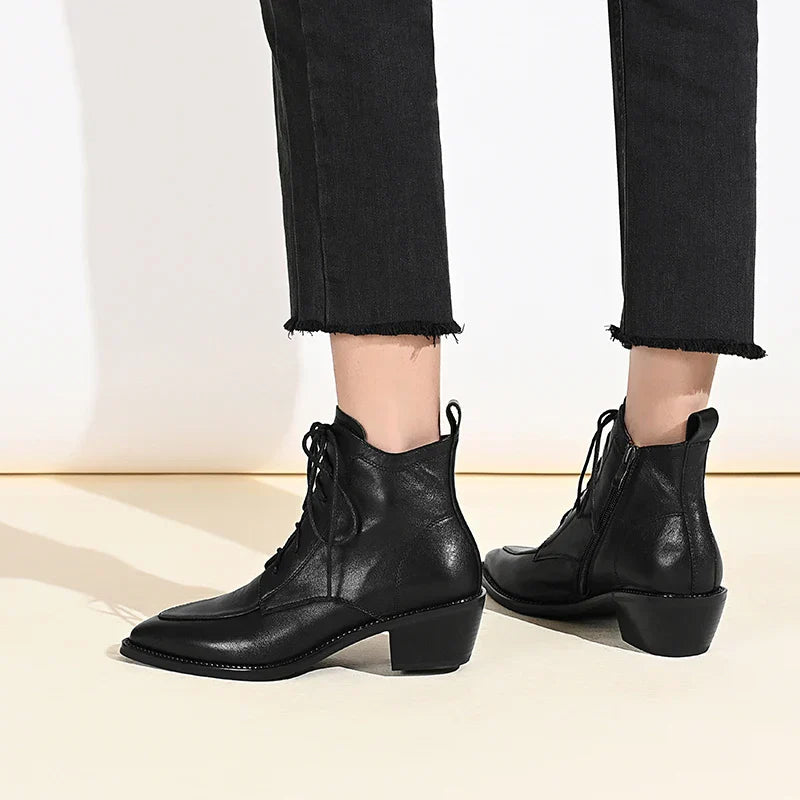 Genuine Leather Retro Mature Women Ankle Boots Pointed