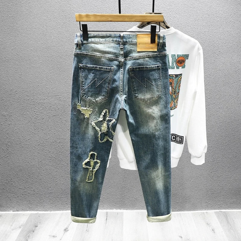 Streetwear Ripped Jeans Men's American Slim Stretch Fashion