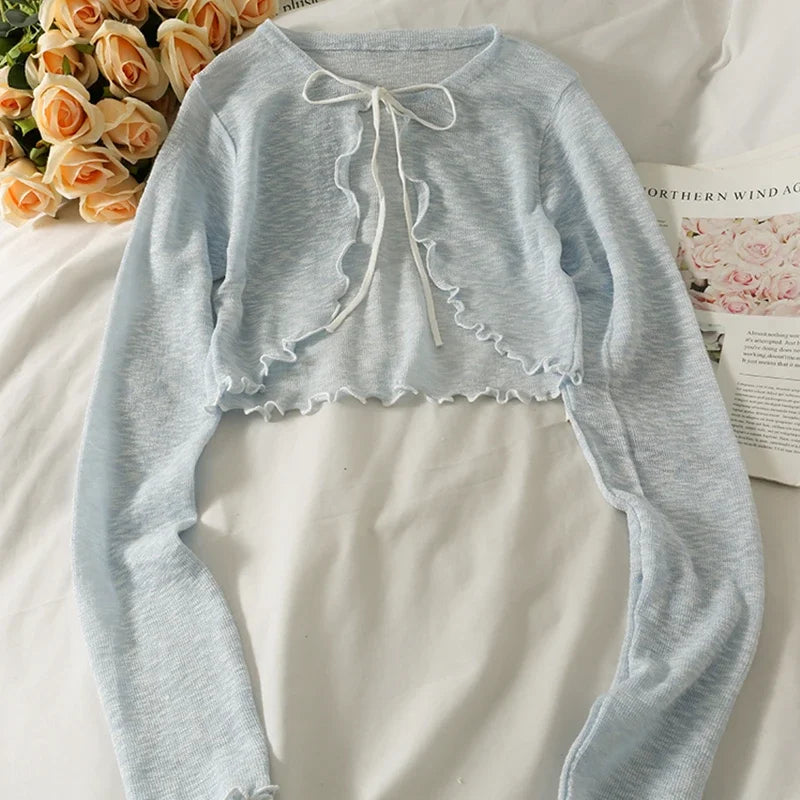Women Frenum Cardigan Blouses and Tops Bow Lace