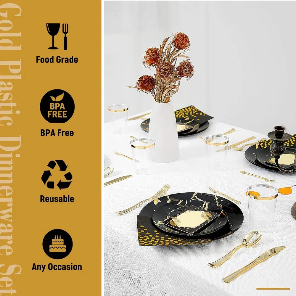 225pcs Gold Disposable Dinnerware Set, 25 Dinner Plates,