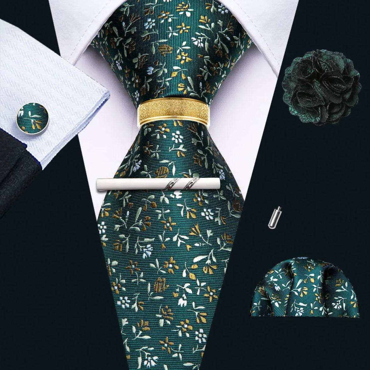 Barry.Wang Silk Mens Tie Hanky Cufflinks Clip Brooch
