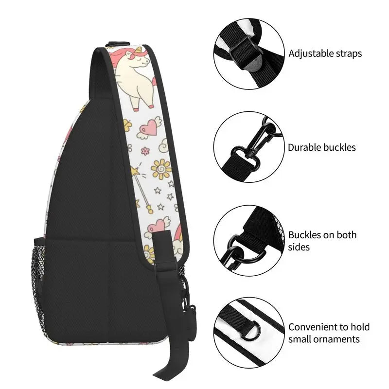 Unicorn Rainbow Sling Bags Men Cool Shooting Star And Magic Wand Shoulder Chest Crossbody Backpack Cycling Camping Daypack