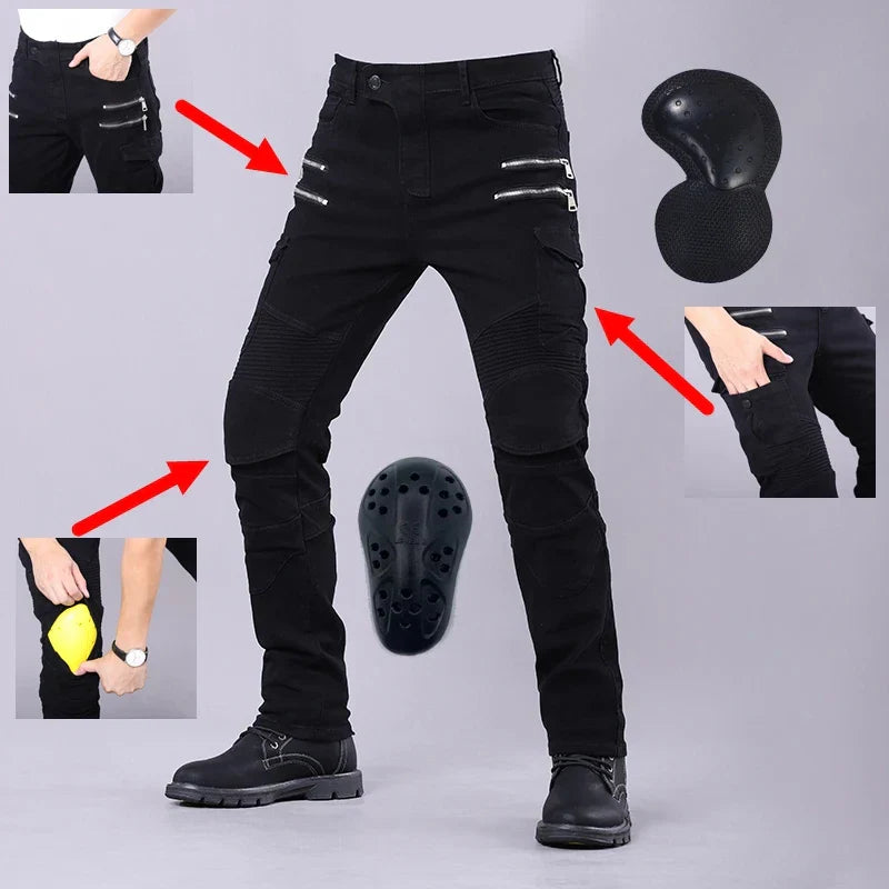 Double Zipper Metal Style Motorcycle Pants Men For Woman Outdoor Riding Jeans Motocross Moto Trousers With Protective Gear