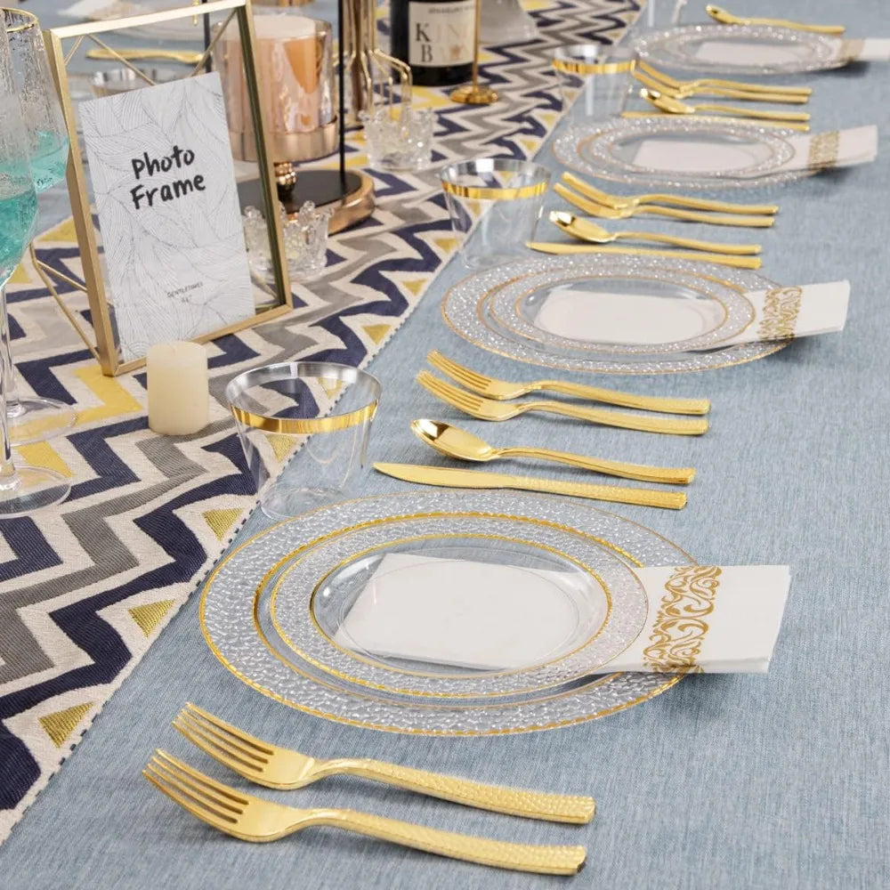 350PCS Gold Disposable Dinnerware Set, 50 Dinner Plates,