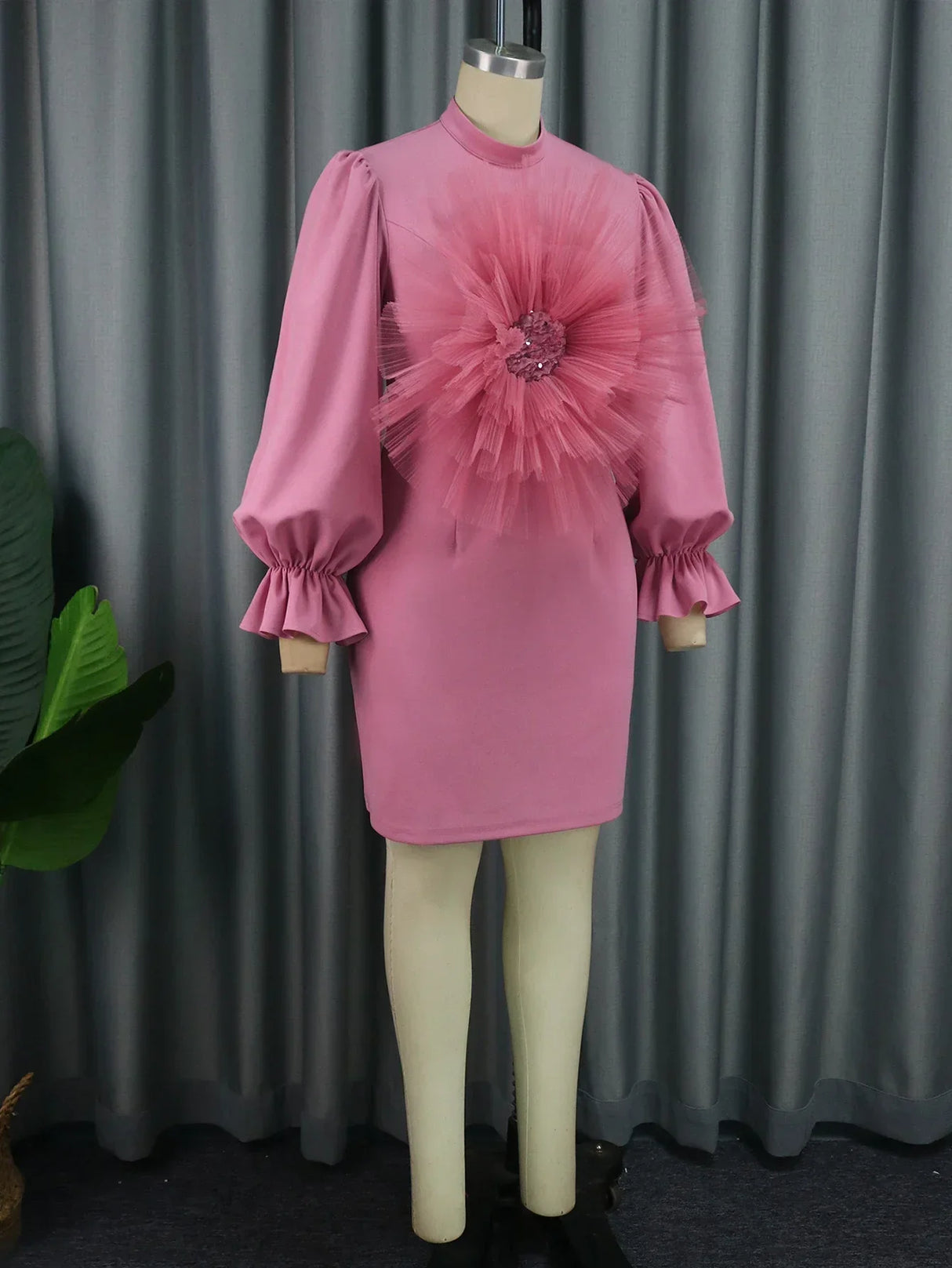 Womens Pink Mini Dress with Big Rose Flower