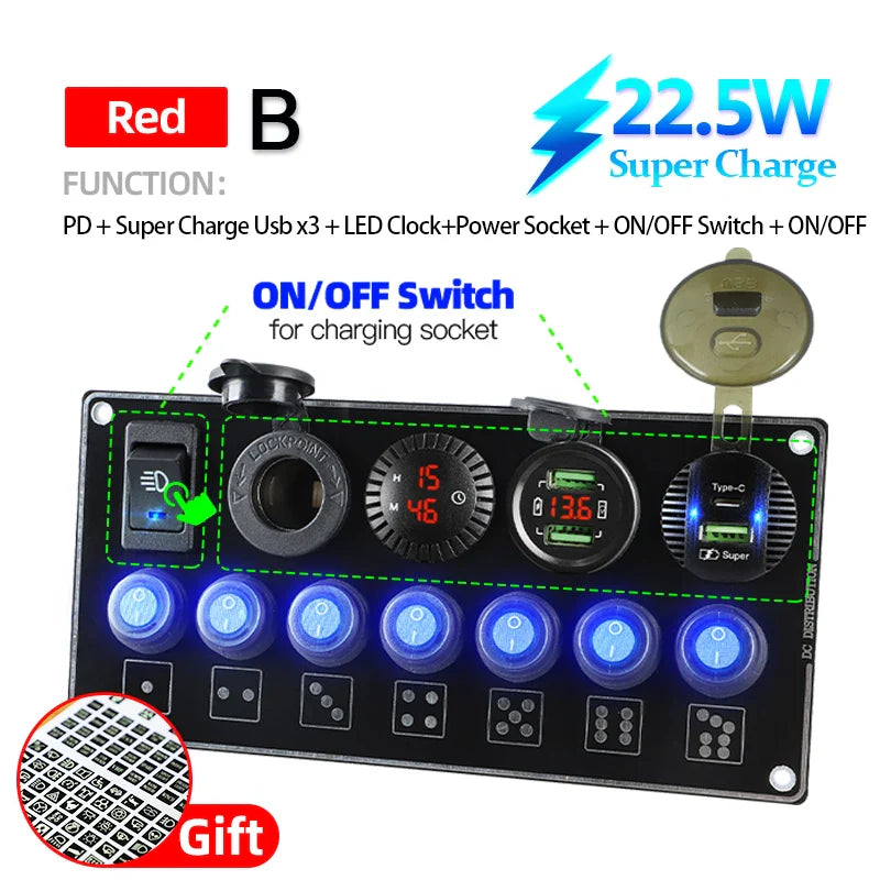 12V 7 Gang ONOff Rocker Toggle Switch Panel