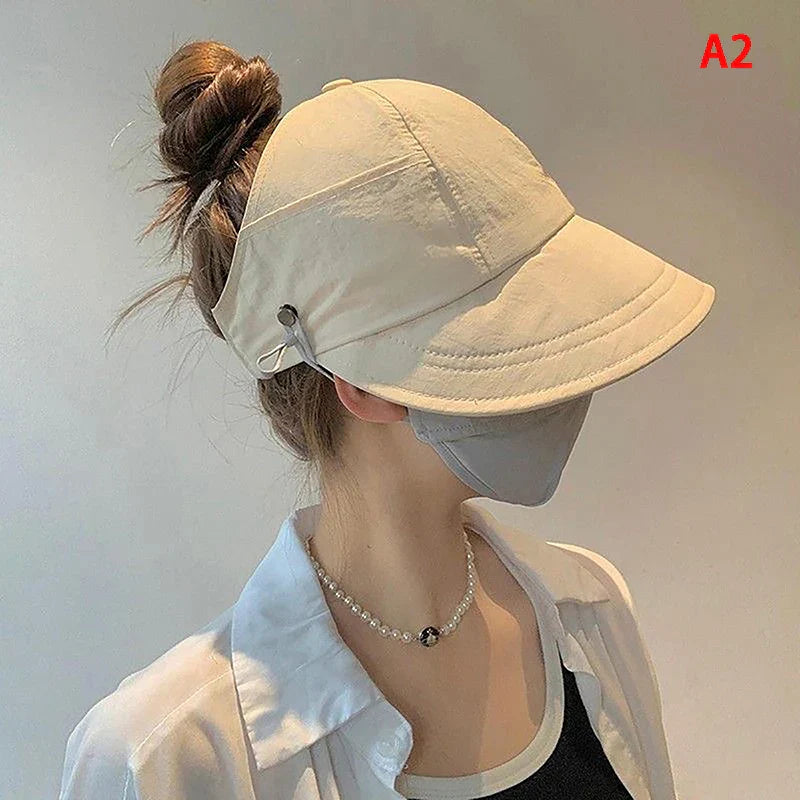 Foldable Wide Brim Ponytail Sun Hat Drawstring Adjustable